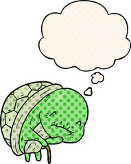 cute cartoon old turtle and thought bubble in comic book style