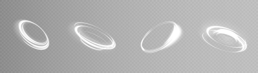 White glowing shiny spiral lines. EPS10. Abstract effect of high-speed plasma movement. Shiny wavy path. Light painting. Easy trail. PNG
