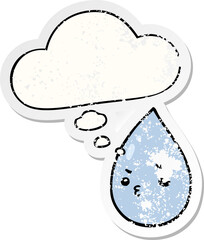 cartoon cute raindrop and thought bubble as a distressed worn sticker