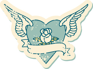 distressed sticker tattoo style icon of a heart with wings a rose and banner