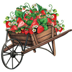 watercolor wooden wheelbarrow full of strawberries