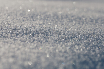 Snow close-up, snow structure is visible. Individual snowflakes are clearly visible in the oblique rays of the winter low sun.