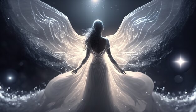 Beautiful angel in white clothing, surrounded by a halo of light, artificial intelligence, Generative Ai.