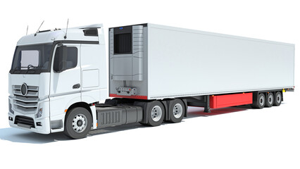 Truck with Reefer Refrigerator Trailer 3D rendering on white background