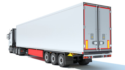 Truck with Reefer Refrigerator Trailer 3D rendering on white background