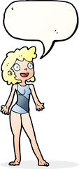 cartoon woman in swimming costume with speech bubble