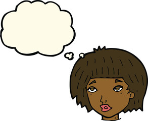 cartoon bored looking woman with thought bubble
