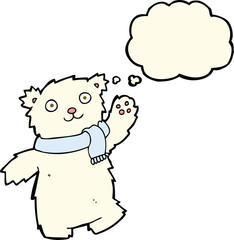 cartoon teddy bear wearing scarf with thought bubble