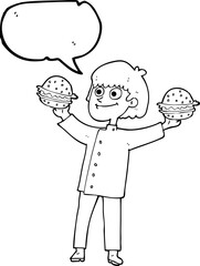 speech bubble cartoon chef with burgers