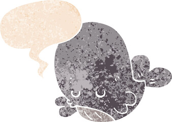 cartoon whale and speech bubble in retro textured style