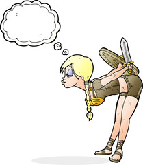cartoon viking girl bowing with thought bubble