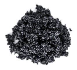 Portion of black Caviar on transparent background (selective focus; close-up shot)
