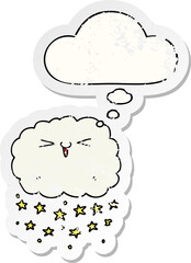 happy cartoon cloud and thought bubble as a distressed worn sticker