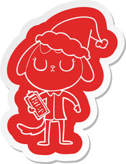 cute cartoon  sticker of a dog wearing office shirt wearing santa hat