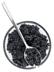Portion of black Caviar on transparent background (selective focus; close-up shot)