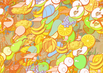 Background pattern abstract design texture. Seamless. Tennis and Fruits. Theme is about peel, game, tennis racket, orange, half, pin, grid, fruit, inventory, pear, net, pineapple, grapes - obrazy, fototapety, plakaty