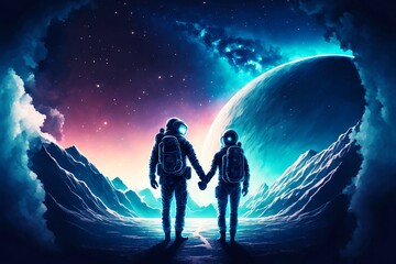 Astronaut couple holding hands in cinematic world