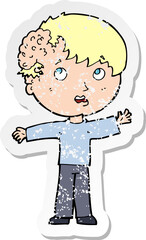 retro distressed sticker of a cartoon boy with growth on head