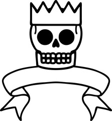 black linework tattoo with banner of a skull and crown