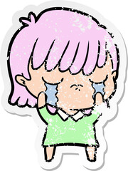 distressed sticker of a cartoon woman crying
