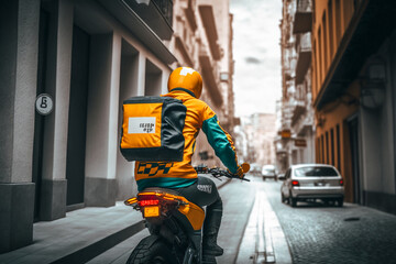 the delivery man in motorycle dashes through the street, velocity, generative ai