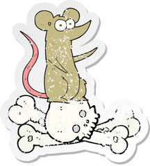 retro distressed sticker of a cartoon rat on bones