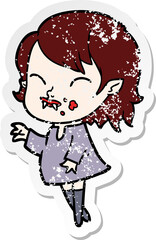 distressed sticker of a cartoon vampire girl with blood on cheek