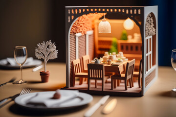 Restaurant papercraft background, mini, with lights, generative ai