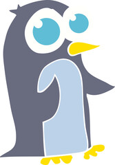 flat color illustration of a cartoon penguin with big eyes