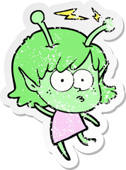 distressed sticker of a cartoon alien girl