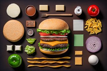 knolling top view of hamburguer ingredients, generative ai