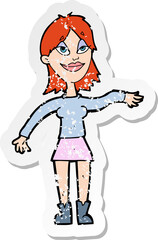 retro distressed sticker of a cartoon woman making hand gesture