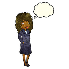 cartoon woman in trench coat with thought bubble