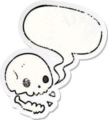 cartoon spooky skull and speech bubble distressed sticker