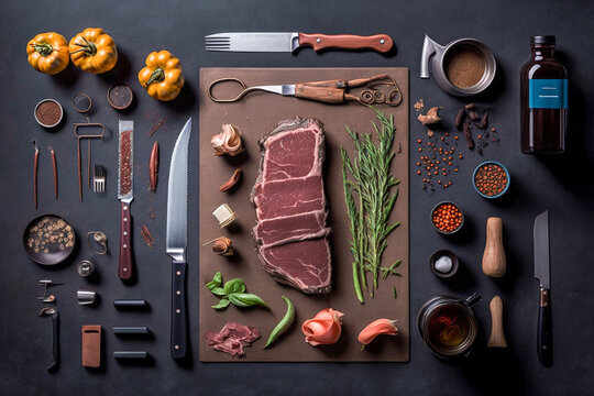 knolling barbacue tools and foog top view, generative ai