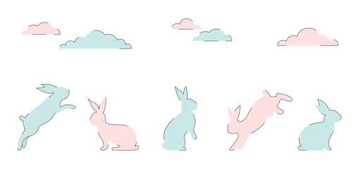 Easter bunny set in minimalist linear style. Cute rabbits and clouds on a white background. Vector illustration
