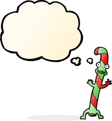 cartoon dancing christmas candy cane with thought bubble