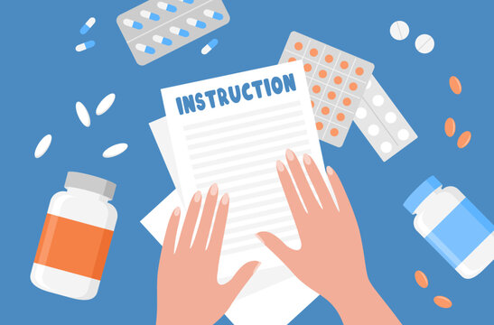 Hands with instructions and pills in jars and blisters on a blue background. Vitamin tablets and capsules on the table, top view. Vector illustration in flat style