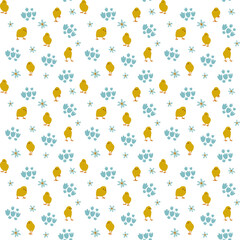 Hand drawn Easter seamless pattern, cute chicken and blue flowers great for textiles, banners, wallpaper, wrapping  design. Vector illustration.