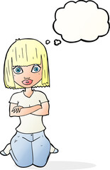 cartoon woman kneeling with thought bubble