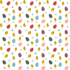 Hand drawn Easter seamless pattern, cute yellow chicken, color eggs and flowers; great for textiles, banners, wallpaper, wrapping  design. Vector illustration.