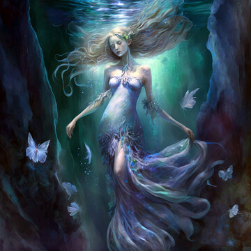 mermaid floats in ocean water beneath the surface