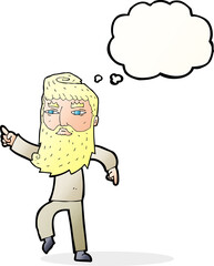 cartoon bearded man pointing the way with thought bubble