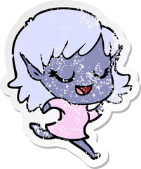 distressed sticker of a happy cartoon elf girl running