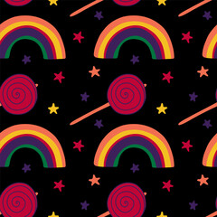 Fun colorful seamless pattern. Creative 90s style background for children or trendy design with rainbowlollipop and stars. Playful wallpaper print in kidcore style.