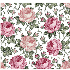 Seamless pattern Roses. Beautiful blooming realistic isolated flowers. Vintage background fabric wildflowers. Wallpaper baroque. Drawing engraving sketch Vector illustration