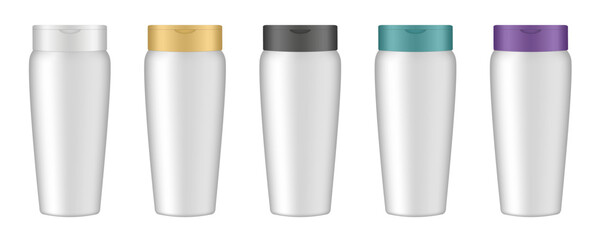 Set of white cosmetic bottles with white, gold, black, green and purple caps. Realistic mockup. Korean packaging. Lotion or shower gel. Conditioner or hair mask