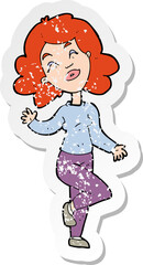 retro distressed sticker of a cartoon happy woman dancing