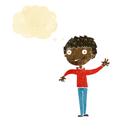 Obraz na płótnie Canvas cartoon happy boy waving with thought bubble