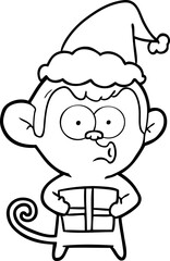 line drawing of a christmas monkey wearing santa hat